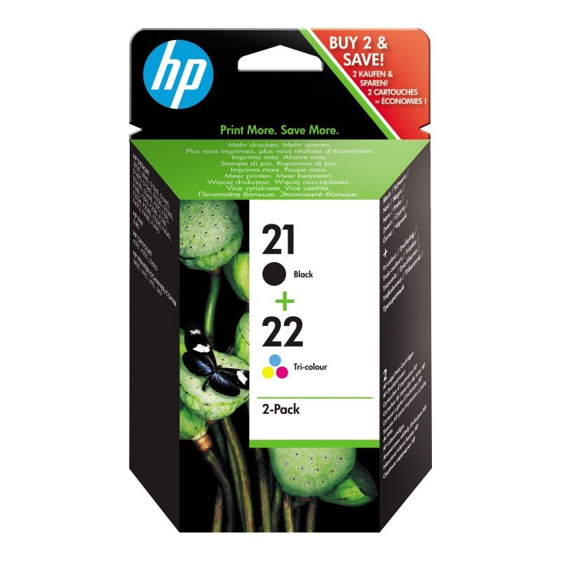 HP 21 Siyah/22 Üç 2'li Paket Kartuşları SD367AE Üç Renkli Mürekkep Kartuşu